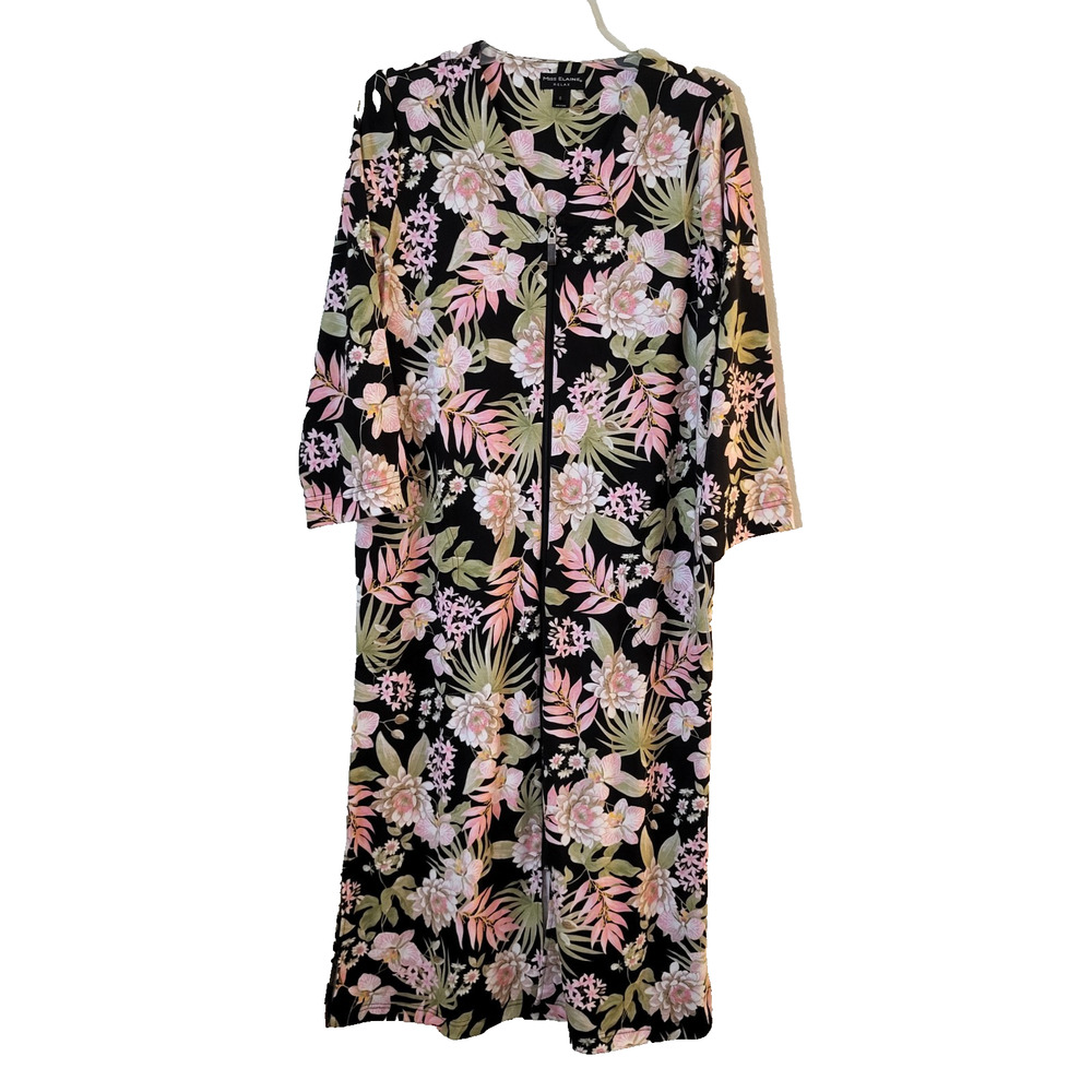 Miss Elaine Relax Tropical Floral Zip Up 3/4 Sleeve Women's Side Slit Robe S NWT